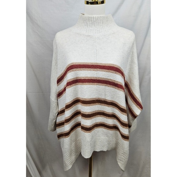 LOFT Outlet Sweaters - Loft Outlet Striped‎ Mock Neck Poncho Sweater Cream Brown XL Preppy Minimalist